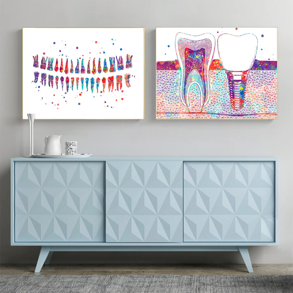 

WANGART Watercolor Painting Teeth Print Surgical Instrument Canvas Art Wall Picture For Medical Education Office Home Decor