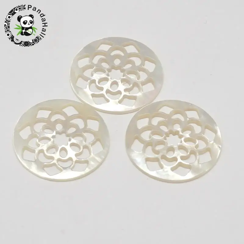 

5pcs Natural Mother of Pearl Shell Pendants Necklace for jewelry making, Flat Round with Flower, White, 29x2mm, Hole: 5x4mm