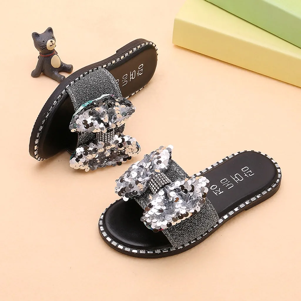 Zomer kinderen boog sandalen en тапочки Kinderen Детские meisjes шикарные блестки с хрустальными принтами тапочки Schoenen Sandalen