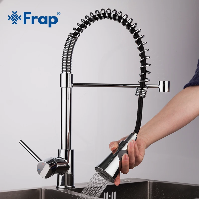 

Frap Spring Kitchen faucet Swivel Spout Single Handle Tap Pull out Spray Sink Chrome With Push Button Pull Down Faucets F4452
