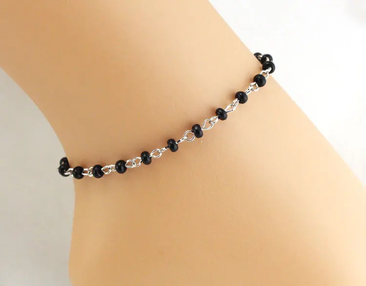 Silver Anklet Black Beads Leg Bracelet Foot Jewelry Ankle Bracelets