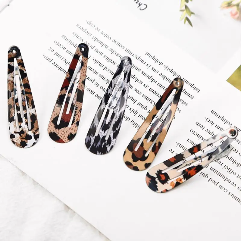 5Pcs/Set Women Ladies Boho Vintage Colored Leopard Printed Hair Clips Metal Alloy Water Drop Shape BB Hairpins Baking Paint Snap
