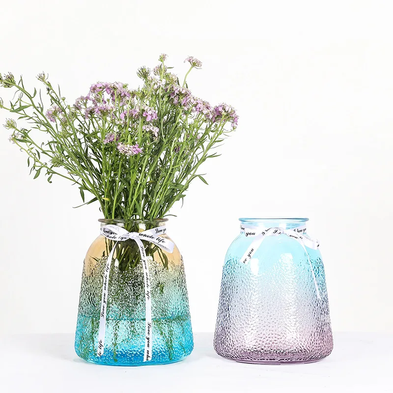 

7-inch Colored Glass Vase Stria Flower Vase with Silk Belt Plant Vase Craft Home Decorative Gradient Color Vase
