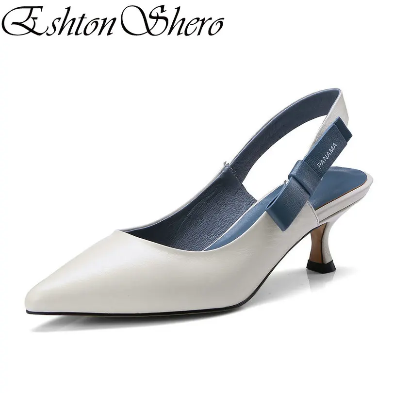 

EshtonShero Shoes Woman Pumps Cow Leather+PUThin Med Heel Slingback Pointed Toe Ladies Wedding Shoes Size 34-39