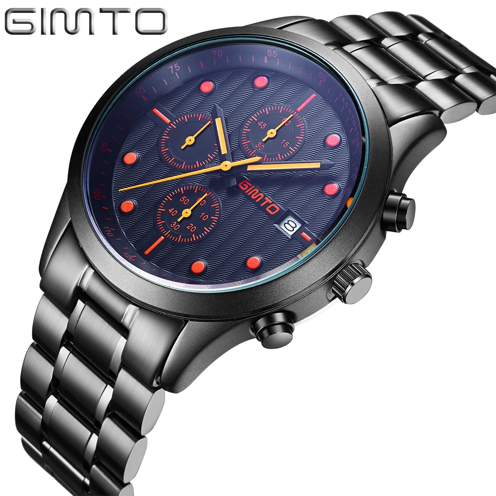 

Mens Watches Top Brand Luxury GIMTO Three Dial Work Stainless Steel Waterproof Luminous Men's Watches Quartz-Watch Men
