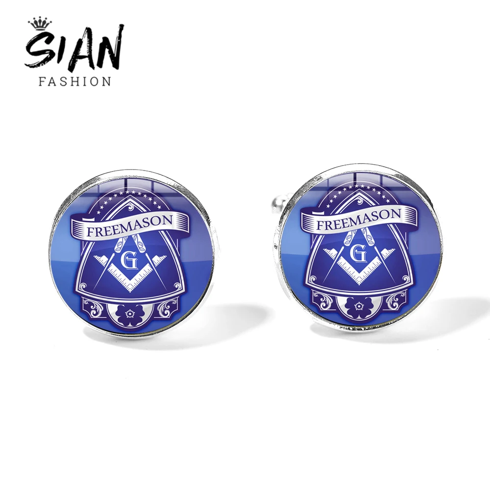 

SIAN Classic Masonic Cufflinks Mason Freemasonry Square And Compass with G Badge Symbol Glass Dome Cuff Links Gift for Freemason