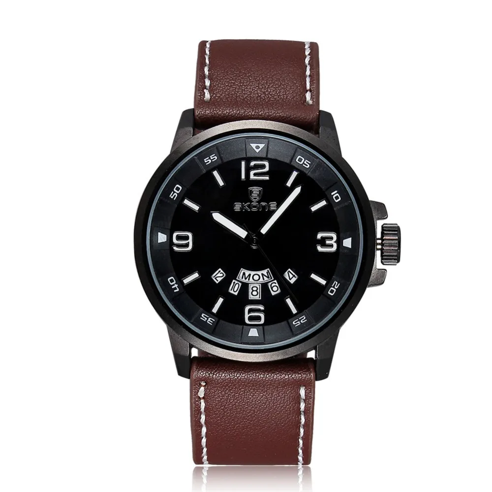 SKONE New Arrival Luxury Brand Brown Genuine Leather Watch Men Luminous Watch Date Calender Japan Quartz