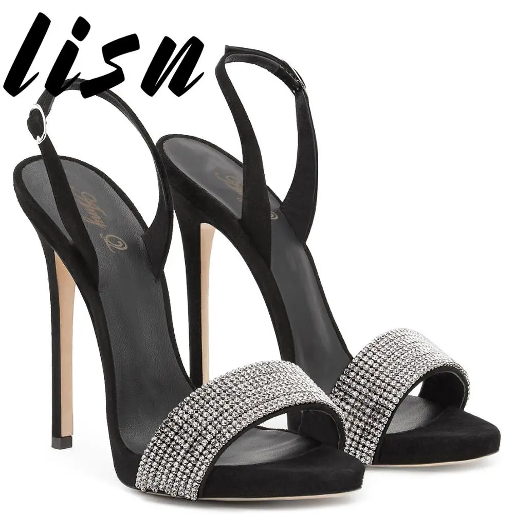 

LISN New Red Black Crystal Beading Summer Sandals Open Toe Buckle Strap HIgh Heel Sandals Shoes Women Party Dress HIgh Heels