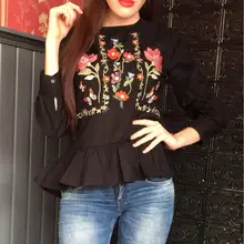 2017 Fashion Women Blouses Flower Embroidery Casual Shirts Hem Ruffles Pleated Vintage Black White Loose Tops Blusas Feminina