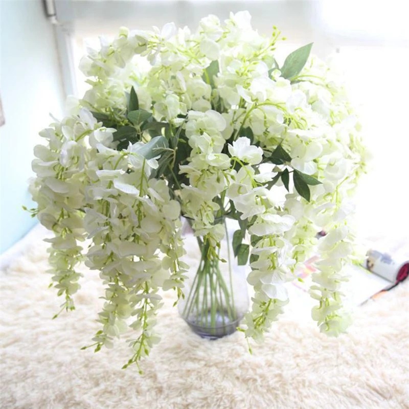 White Artificial Silk Wisteria Fake Garden Hanging Flower Plant Vine