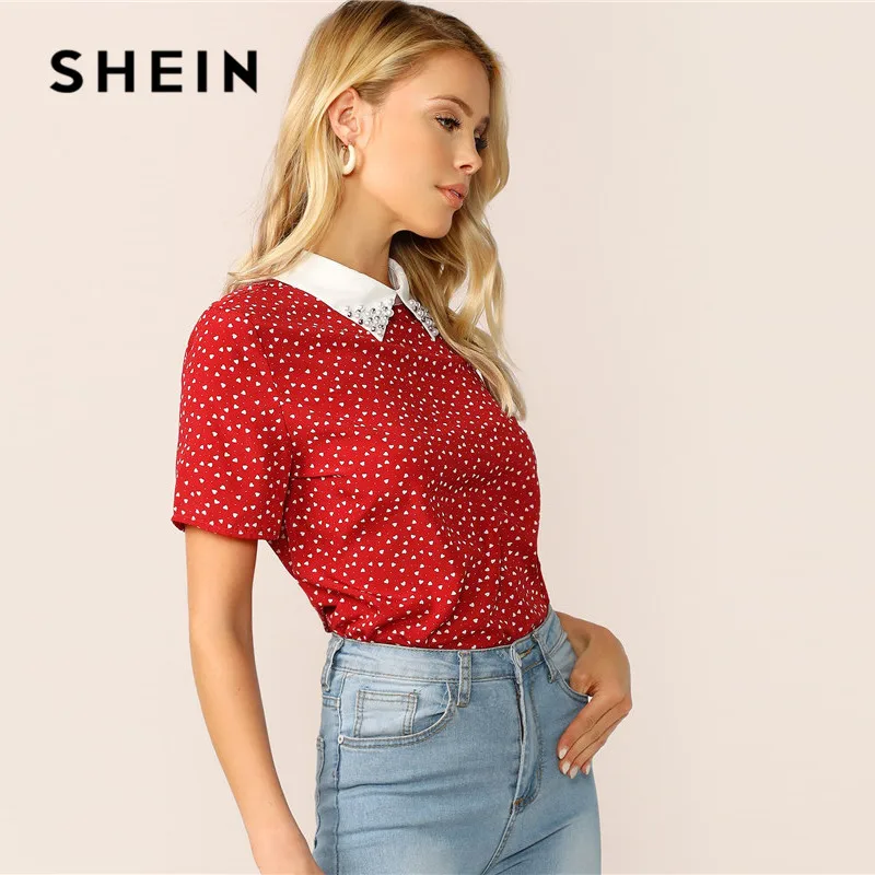 Billig SHEIN Dame Rot Preppy Herz Druck Kontrast Kragen Perle Perlen T Shirt Frauen Tops Sommer Casual Kurzarm Student T shirt