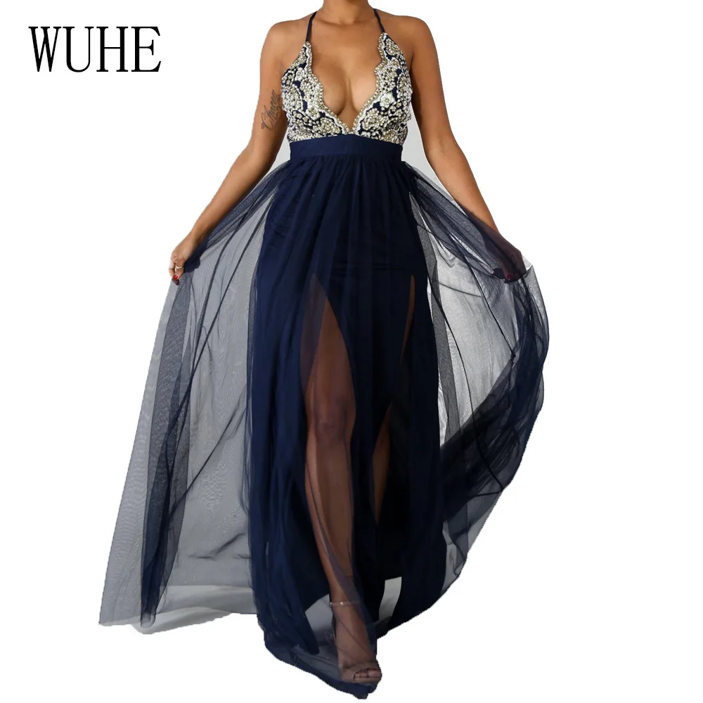 

WUHE New Arrival See Through Mesh Floor-length Dress Summer Sexy Deep V Neck Off Shoulder Sleeveless Maxi Dress Women Robe Femme