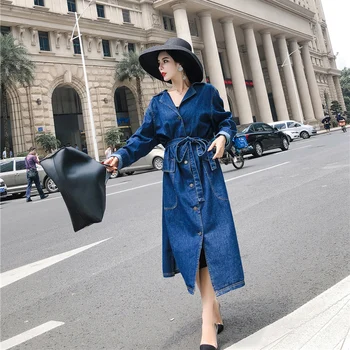 

Fashion women new casual personality lapel loose waist Long section knee Single-breasted denim windbreaker coat Matching Beltw63