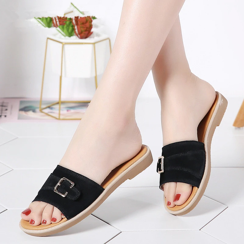 

MIUBU 2019 Summer Women Slippers Round Toe Flat Flip Flops Women Suede Leather Slides Beach Shoes Slippers Laides flip flops