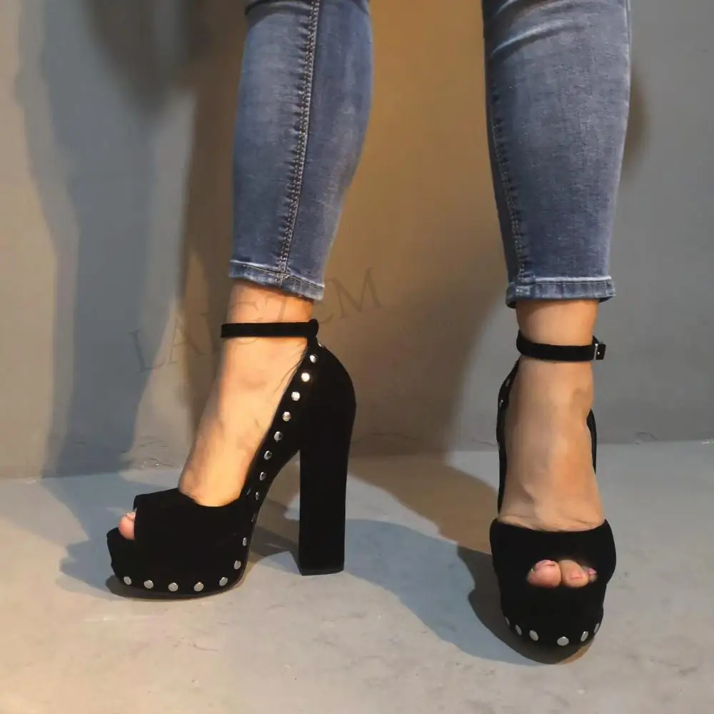 LAIGZEM STYLISH Women Sandals Faux Suede Chunky Sandals Studded Black PARTY Ladies Handmade Shoes for Woman Big Size 34-47 (6)