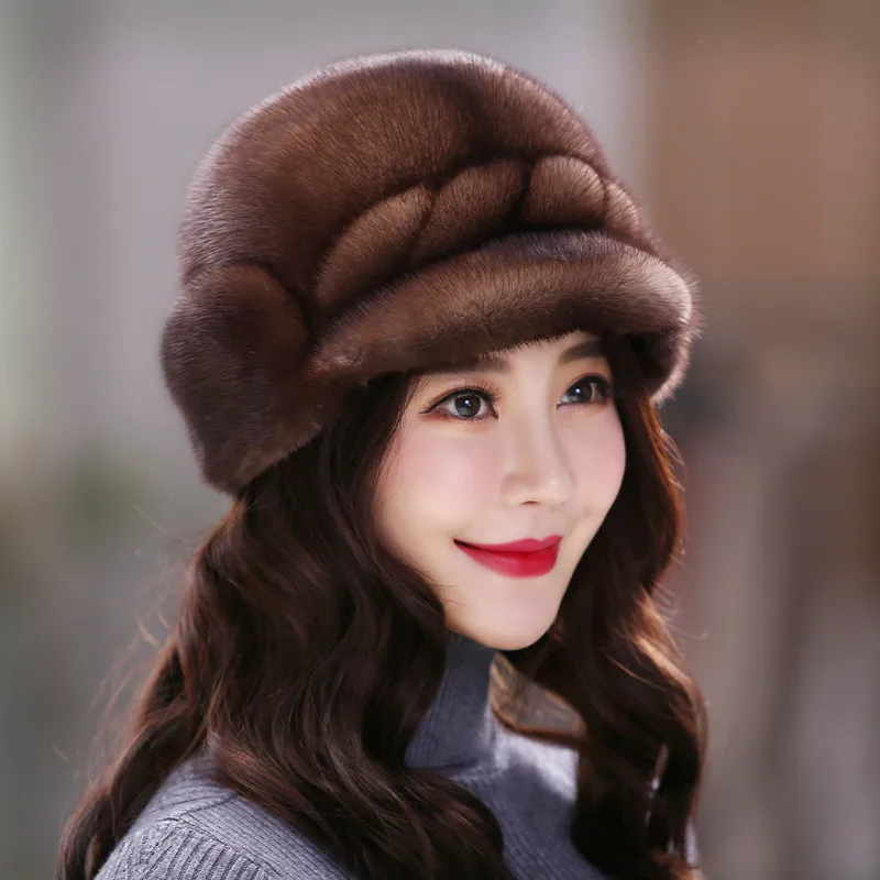 

2018 womens visor beanie Elegant mink fur hats genuine leather hats women winter hats for womens ZY05