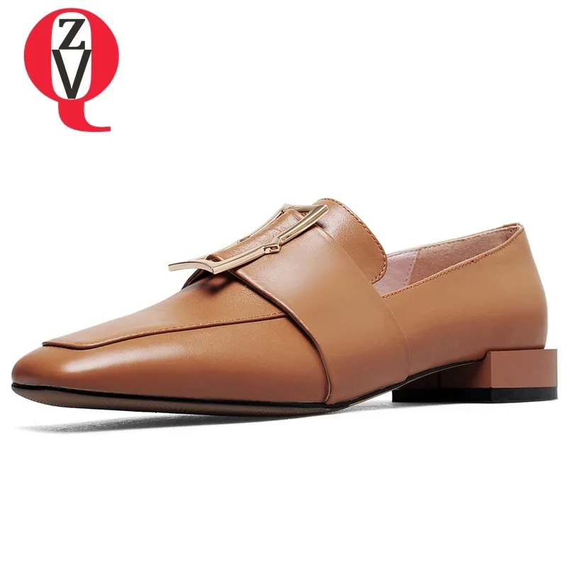 

ZVQ 2019 new style shoes woman square toe genuine leather pumps low heel ladies front buckle spring shoes ladies outside heels