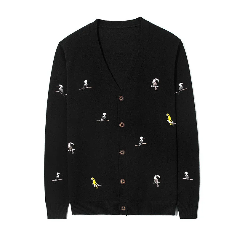 

Embroidery Bird Cardigan Male Knitted Sweater Japanese Style Vintage Men Cardigan 2018 Spring Funny Male Sweater Outerwear Coats