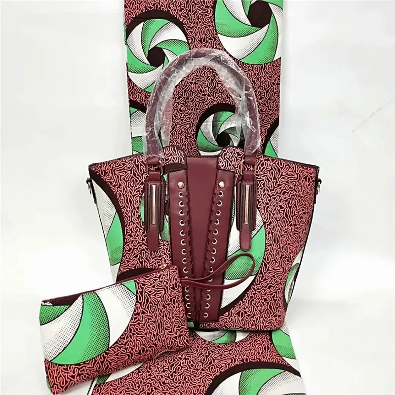 

Fashion woman wax handbag set and 6 yards African cotton wax fabric.high quality african wax bags 3 pieces/set for party YBG0122