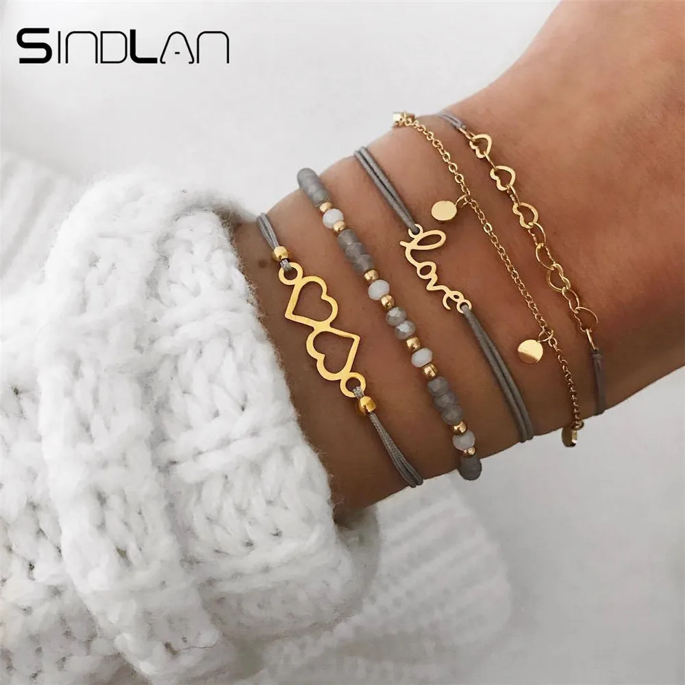 

Sindlan 5PCs Hollow Big Small Heart Bracelets for Women Love Letter Rope Chain Bracelet Set Linked Heart Chain Bead Bracelet
