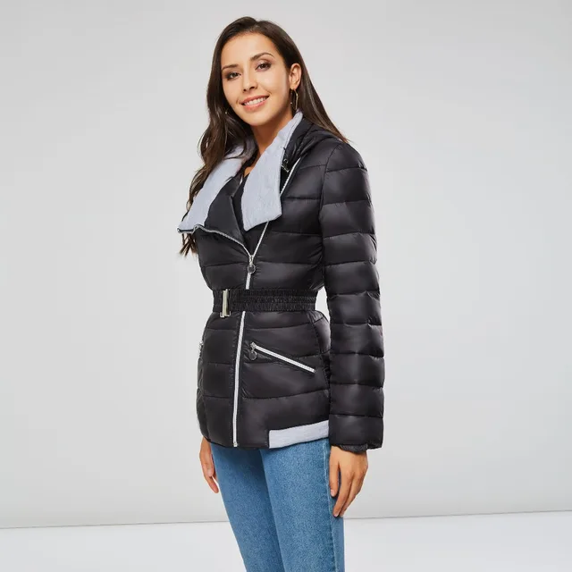 2018 Winter Coats Women Parkas Cotton Warm Thick Short Jacket Coat with Belt Slim Casual zipper Gothic Black Outerwear Overcoats -