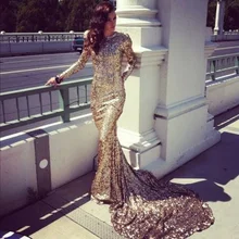 Sparking Gold Mermaid Prom Kleider mit langen Ärmeln Gericht Zug Bling Bling Pailletten Abendkleider Robe De Soiree