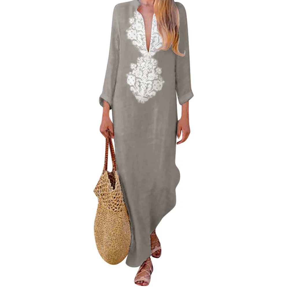 

Women Dress Women's Printed Long Sleeve V-neck Maxi Dress Split Hem Baggy Kaftan Long Dresss #30