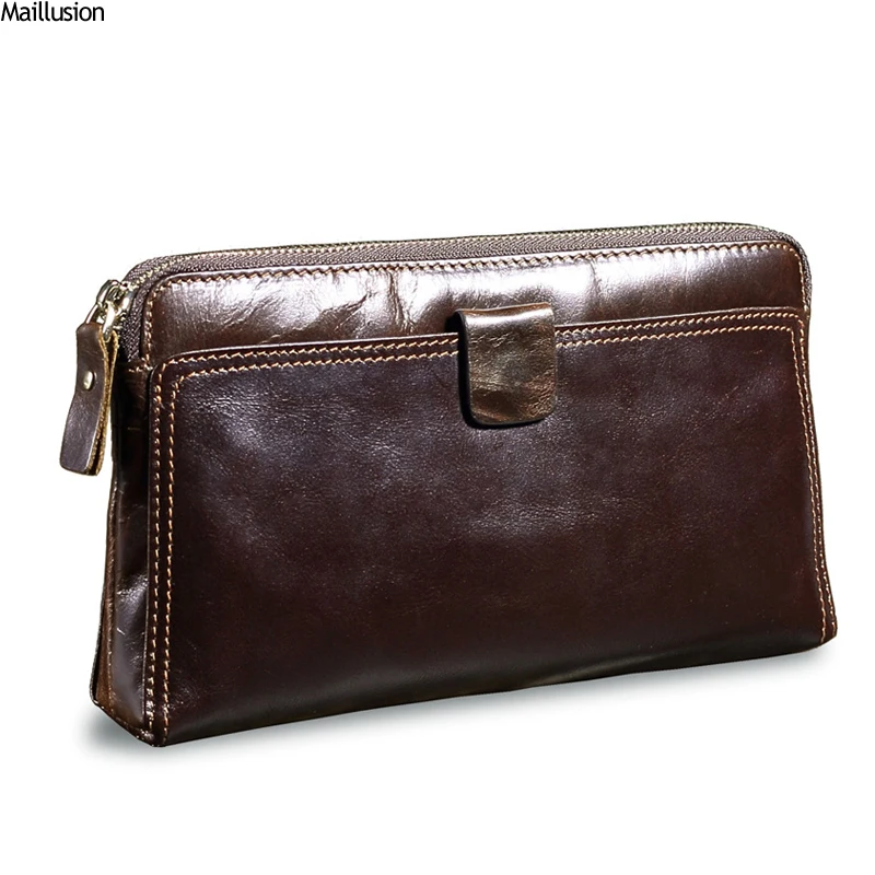 

Maillusion Men Clutch Bags Genuine Leather Zipper Vintage High Capacity Long Purse Male Multi Function Call Phone Pocket Handbag