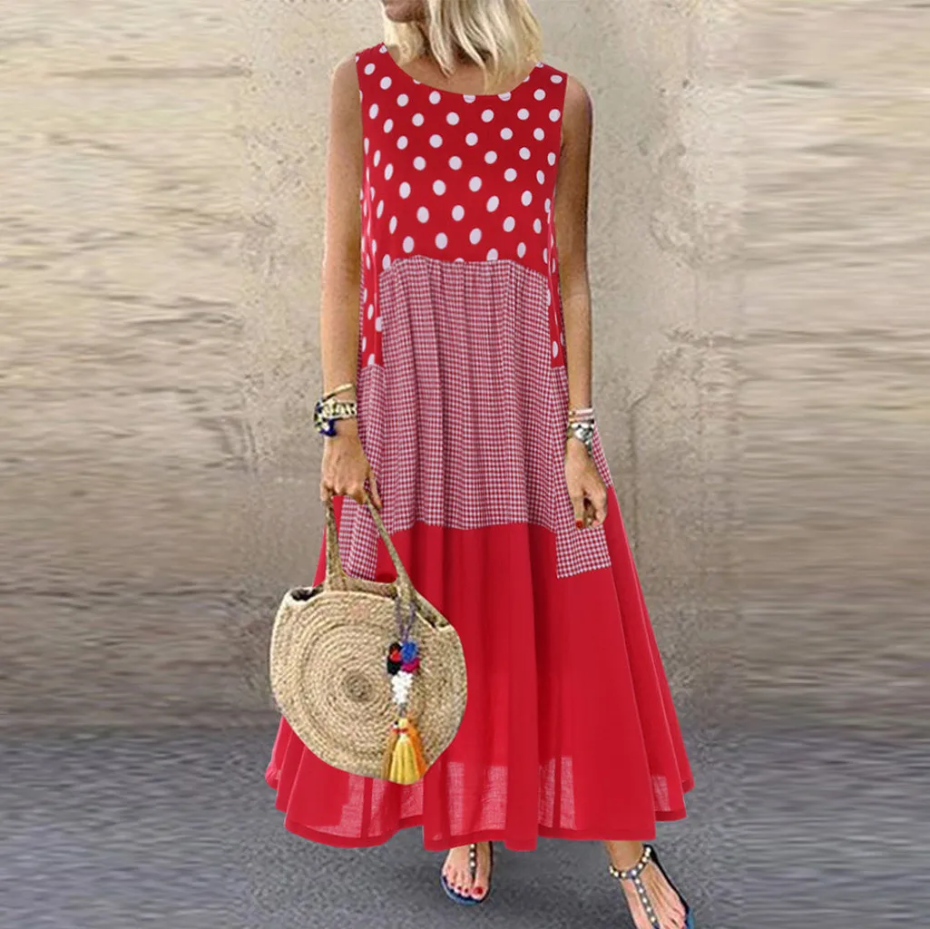 

Dress Women Vintage Bohe Wave Point Print Dress Sleeveless O-Neck Maxi Dress Vestidos Robe Longue Sundress Femme Ete e711