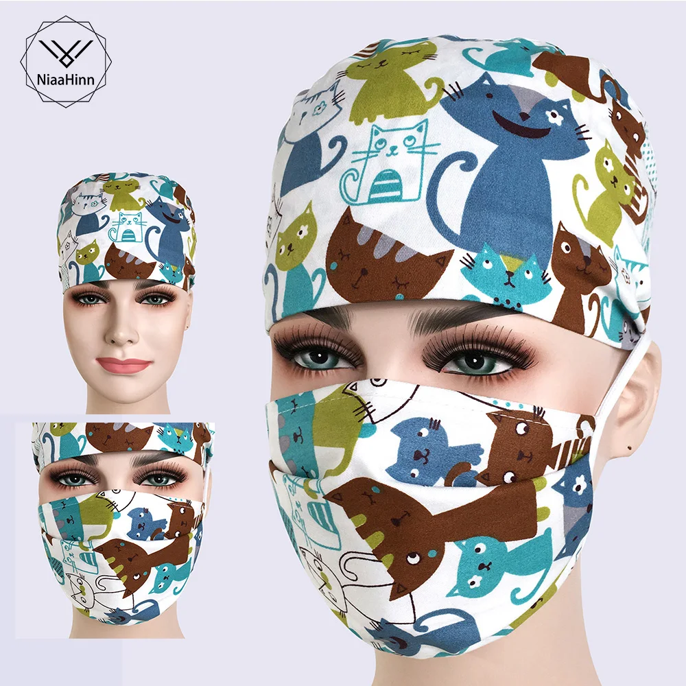 

Scrub Caps Cosmetologist dentist pet hospital doctor nurse work cap Medical Hats cute Print Elastic adjustable Surgical Caps