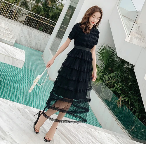 

2019 Summer Korean Short Sleeve Elegant Black Fairy Dresses Woman Fashion High Waist Long Dress Women Lace Patchwork Beach Dress