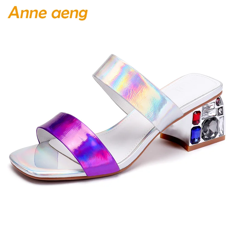 

2019 New Summer Genuine Leather Outside Women Slippers High Square Heel Crystal Casual Women Shoes Silver Female Mules Slides