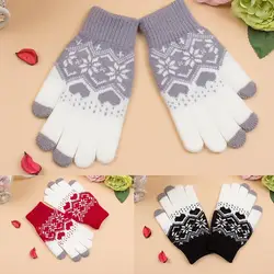 Для женщин перчатки Сенсорный экран зимние вязаные перчатки велосипедные открытых варежки со снежинками, жаккардовый варежки мягкие