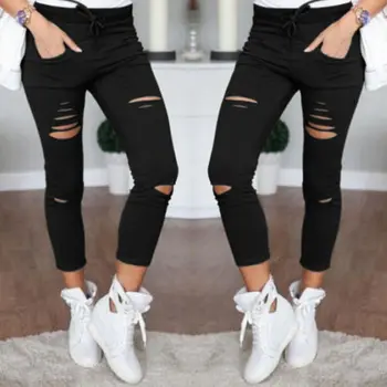 

Fashion Hot Multi Women Pencil Leggings Casual Denim Skinny Holes Strap Jeans Pants High Waist Slim Jeans Trousers