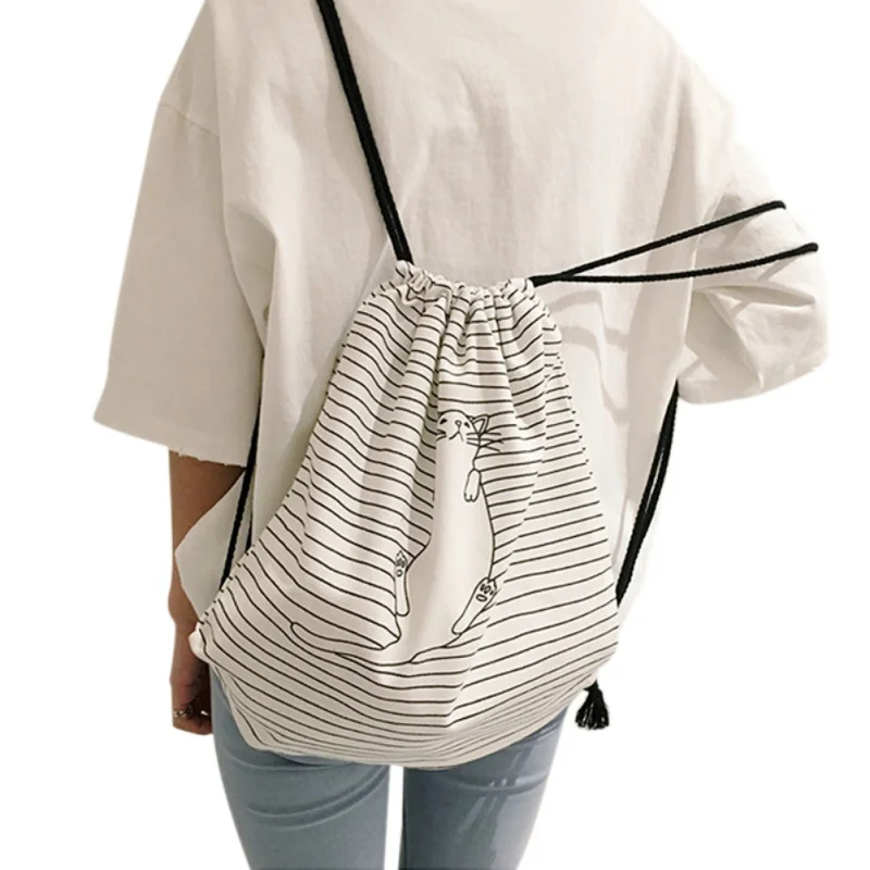Мешки Drawstring Для женщин в полоску холст высокого Ёмкость сумка-мешок рюкзак сумка Мода Повседневное Для женщин рюкзак 2018 Новый