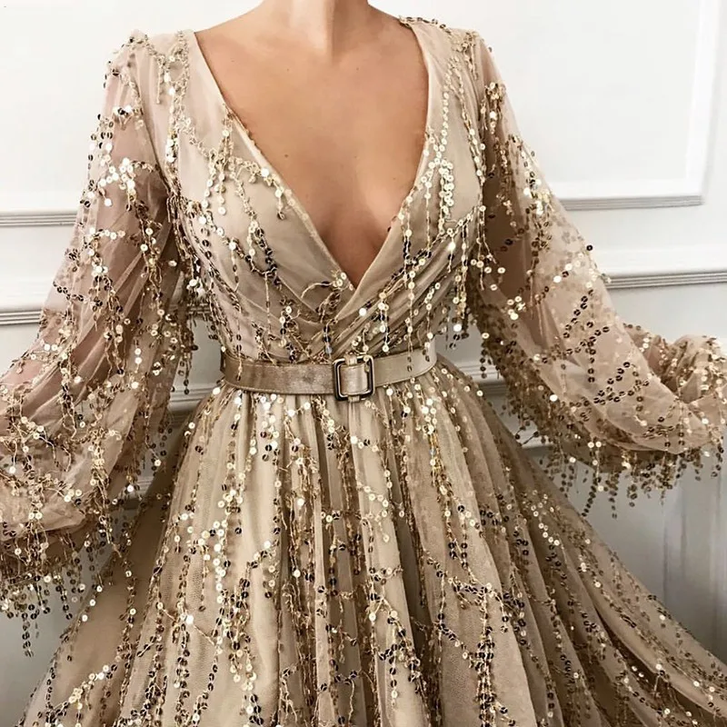 2019 шампанское кисточкой блестящее вечернее платье сексуальный глубокий V передняя сторона Сплит вечернее платье Фонари рукавом вечерние G