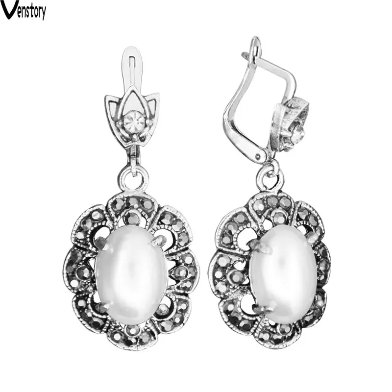 

Venstory simulated pearl rhinestone earring flower sliver plated for woman fashion jewelry