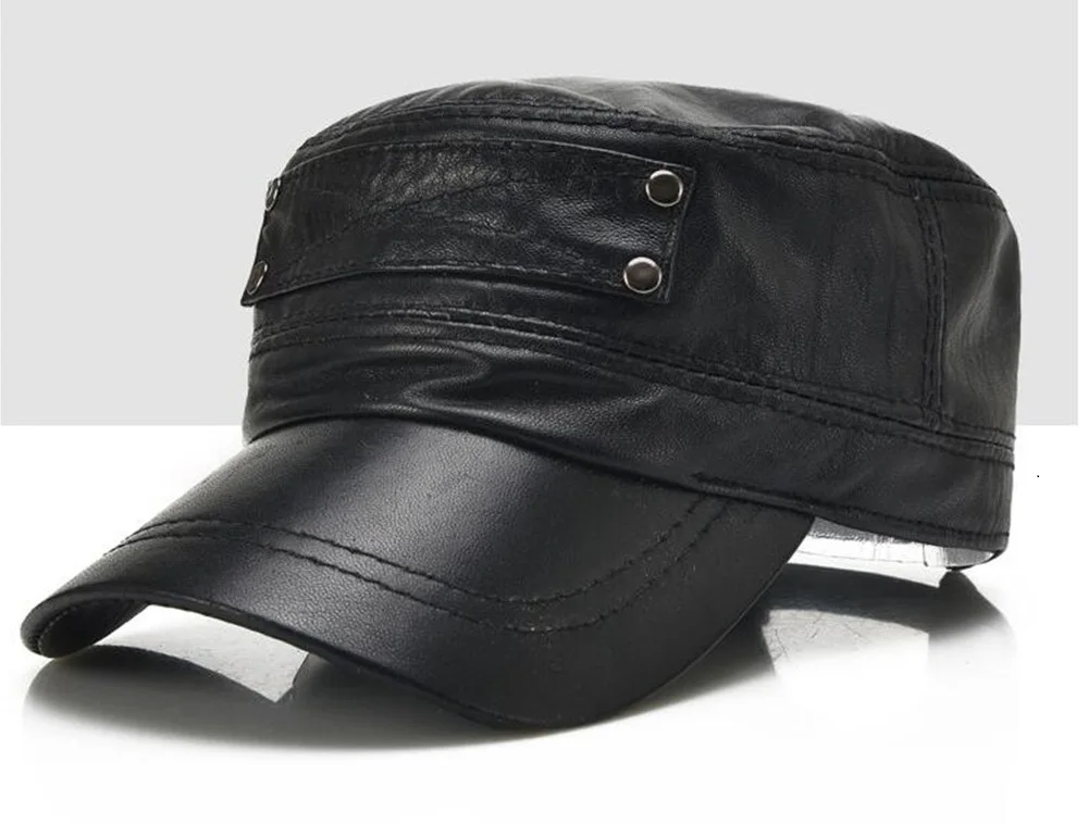 Unisex Flat Roof Military Hats Black Genuine Sheep Leather Cadet Patrol Casquette Chapeau