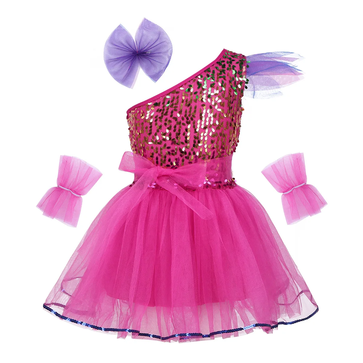 Детская танцевальная одежда для балета и джаза для девочек, костюмы, гимнастическое трико на одно плечо, блестящее Сетчатое платье с блестками современный танцевальный костюм - Цвет: Rose Red