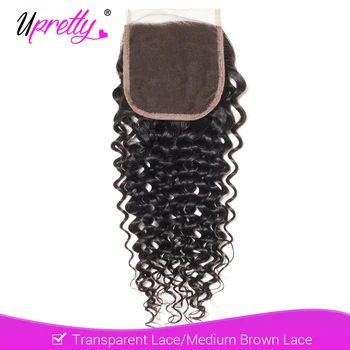 

Upretty 4x4 Transparent Lace Closure Brazilian Curly Wave Remy Human Hair Closure Free Middle Three Part Natural Color 8-22 Inch