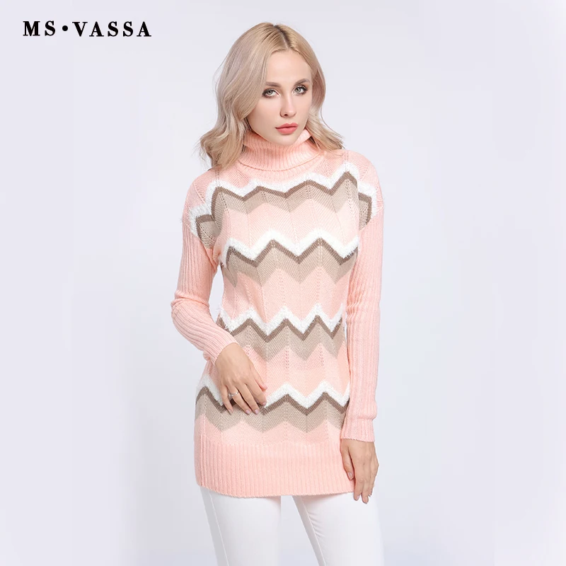 MS VASSA New High-necked Sweater Women Winter Pullover Patchwork Knitted Top for Autumn Female Plus size | Женская одежда