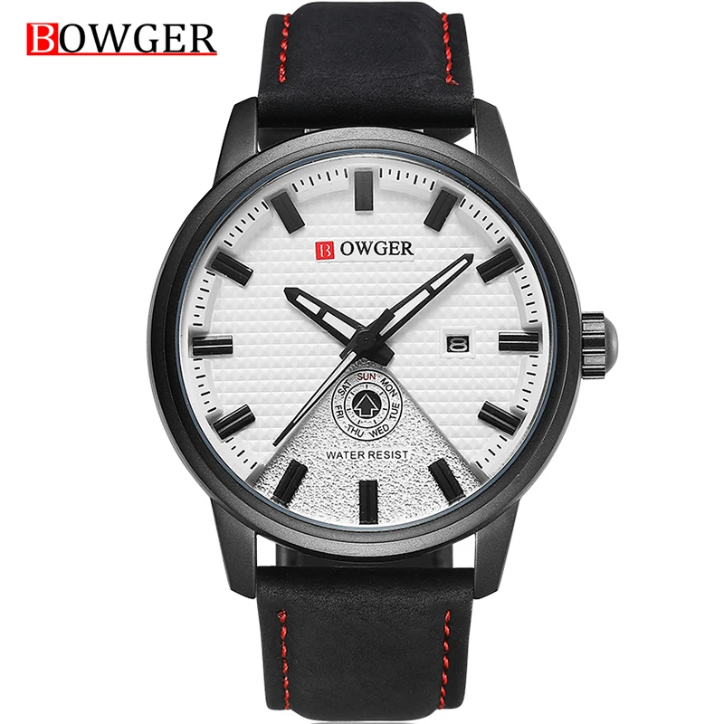 

BOWGER Mens Top Brand Luxury Waterproof Date Quartz Watch Man Leather Sport Business Wrist Watch Men Male Waterproof Clock