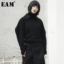 [EAM] Новое весеннее однобортное черное свободное Короткое шерстяное пальто с лацканами и длинным рукавом Женская куртка модный тренд JI500