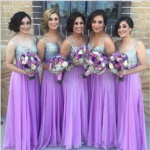 Prettiest Lavender Silver Sequined Flowing Chiffon Bridesmaid Prettiest Lavender Silver Sequined Flowing Chiffon Bridesmaid Dresses Long Empire Women Wedding Maxi Gowns