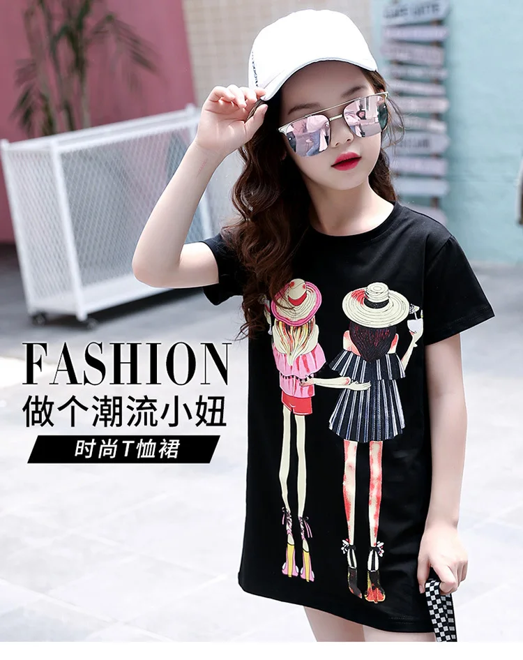 Soft Cotton T shirts For Girls Teenagers Dress Cartoon Long Tops Summer Fashion Kids Clothes Casual Short Sleeve Children's Tees (1)