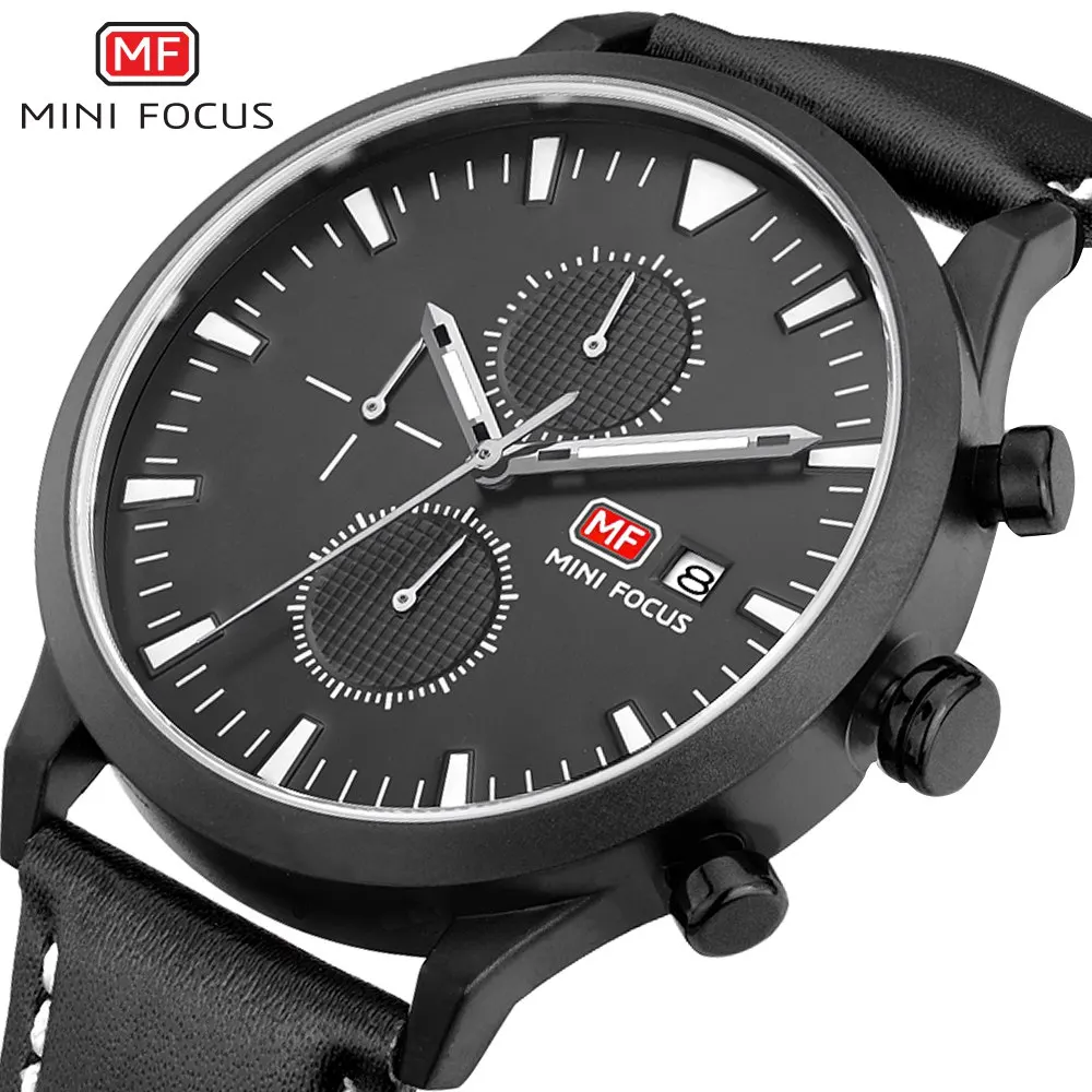 

MINIFOCUS Fashion Black Male Watch Casual Quartz Wrist Watch Genuine Leather Band Clock Waterproof Watches For Men Orologio Uomo
