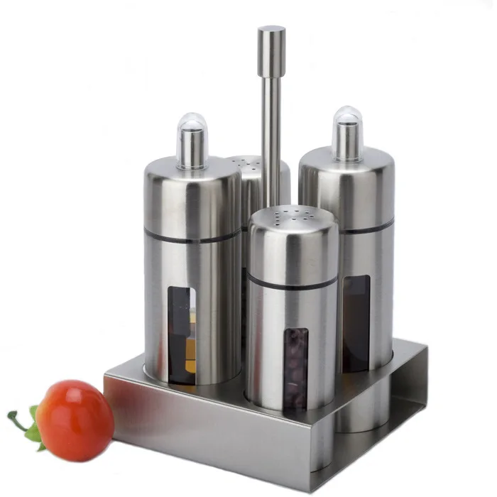 

4pieces/set 304 Stainless Steel Salt Pepper Shaker Set Odor-free Spice Cruet with Stand Condiment Box Cooking Seasoning Bottle