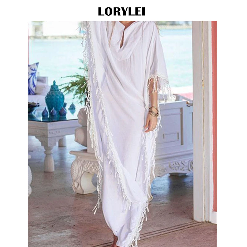 

2019 Sexy V-Neck Batwing Sleeve Fringed Summer Dress White Cotton Tunic Beach Kaftan Women Beachwear Bathing Suit Cover-ups N730