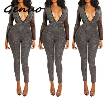 

Deep V Neck Glitter Jumpsuit for Women Autumn Winter Mesh Patchwork Long Sleeve Open Back Bodycon Sparkly Romper Party Jumpsuits