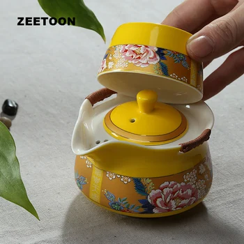 

100ml Tea Pot with Filter Vintage Hand Painted Peony Quick Cup 1 Pot 1 Teacup Ceramic Porcelain Portable Travel Kung Fu Tea Set